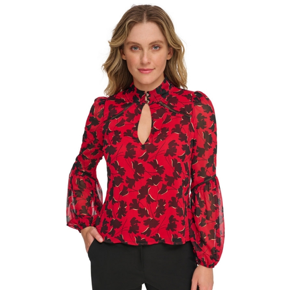 Tommy Hilfiger Floral Keyhole Blouse Red Black New with tags